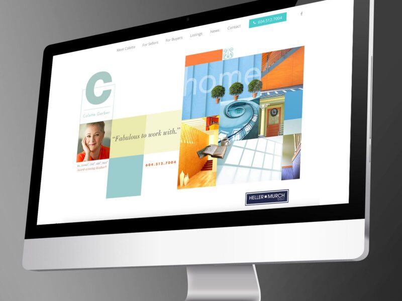 Desktop monitor angled in a 3D render showing a colorful collage design on screen, with tiles and a photo grid.