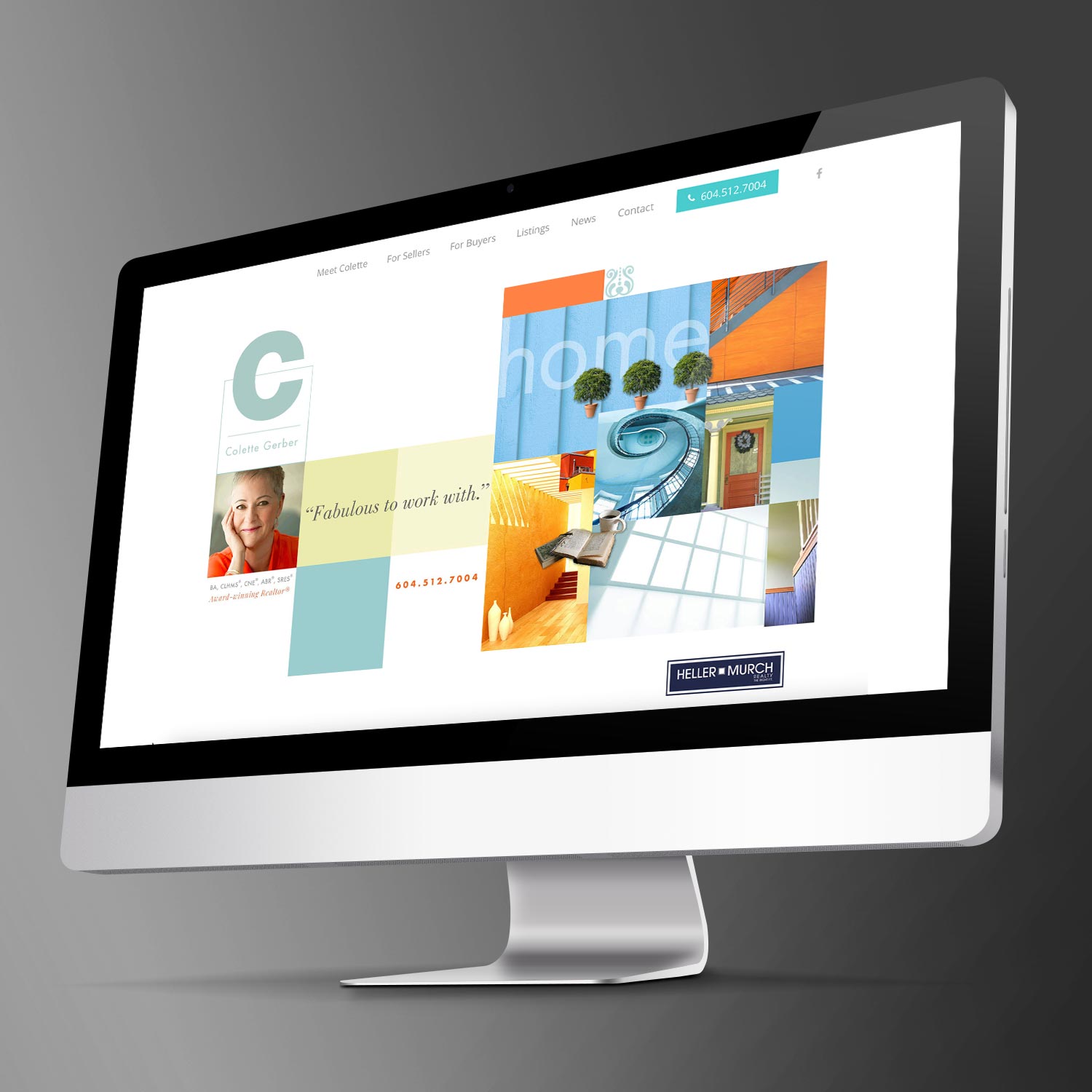 Desktop monitor angled in a 3D render showing a colorful collage design on screen, with tiles and a photo grid.